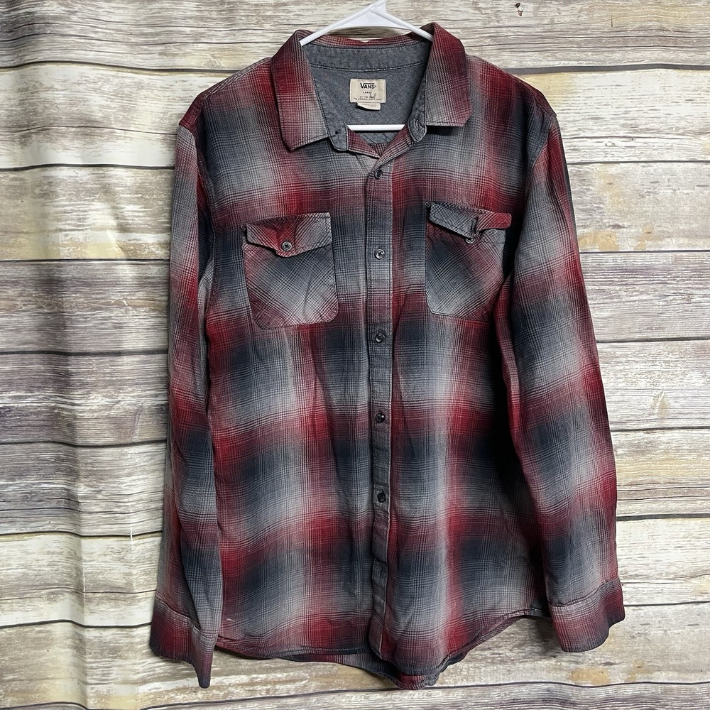 Vans Men's Large Shirt‎ Button-Up Plaid Flannel Red Gray Skateboarding Surf